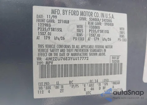 2000 Mercury Mountaineer from USA, damaged, VIN 4M2ZU76E3YUJ17772